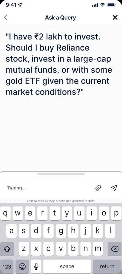 Ask a Query screen with the question: I have ₹2 lakh to invest. Should I buy Reliance stock, invest in large-cap mutual funds, or some gold ETF given current market conditions?